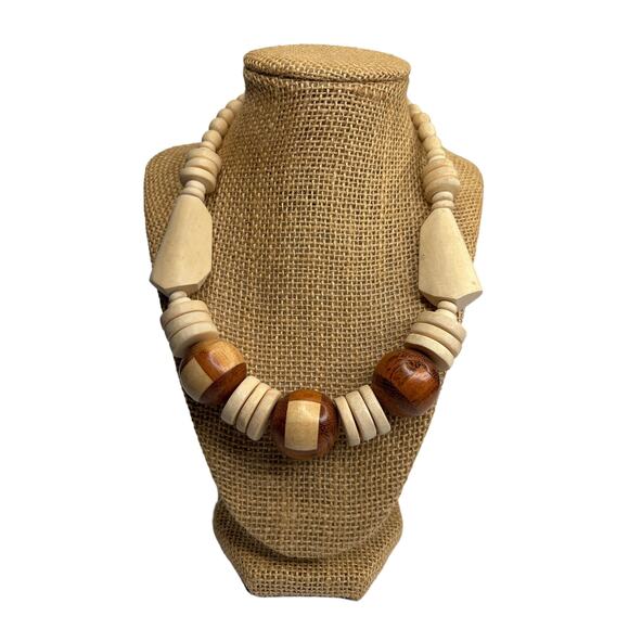 BOHO 1970s Wooden Statement Beaded Necklace & Bangle Set Tribal African Beach - Picture 1 of 5